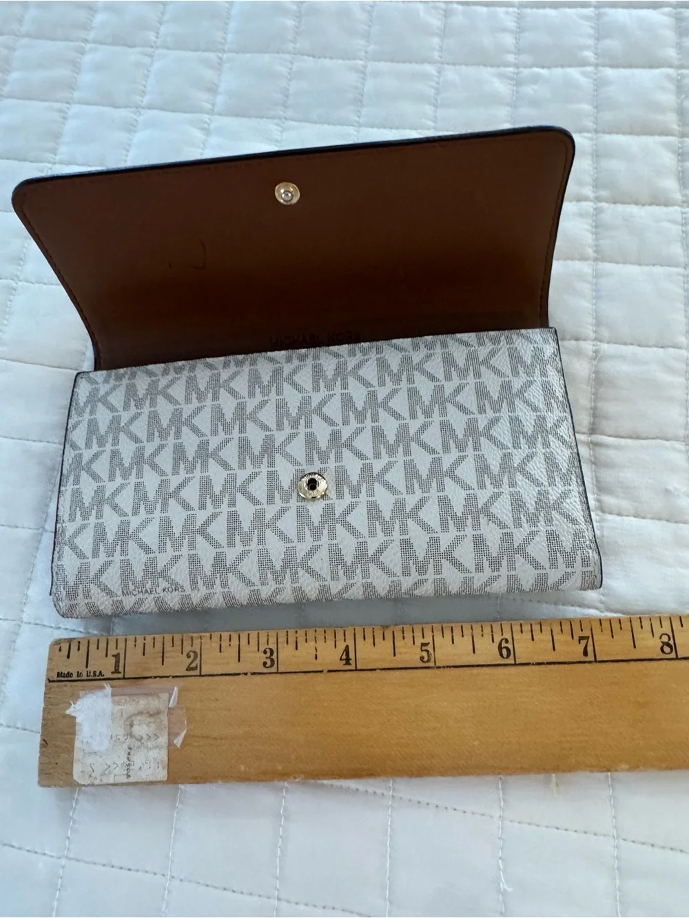 Michael Kors Taupe Signature MK Clutch with Gold Logo